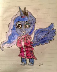 Size: 2448x3060 | Tagged: suggestive, artist:michaelmaddox222, deleted from derpibooru, derpibooru import, princess luna, pony, bipedal, bondage, clothes, colored, dress, female, fetish, grin, horn, horn ring, lineart, lined paper, looking down, magic suppression, ring, signature, smiling, solo, straitjacket, traditional art