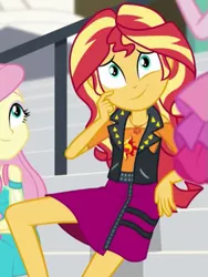 Size: 385x511 | Tagged: safe, derpibooru import, screencap, fluttershy, sunset shimmer, equestria girls, equestria girls series, text support, cropped