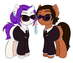 Size: 4414x3836 | Tagged: safe, artist:kyokimute, derpibooru import, oc, oc:dioponi, oc:kyoponi, unofficial characters only, earth pony, pony, unicorn, 2019 community collab, derpibooru community collaboration, agent, business suit, clothes, female, male, mare, simple background, stallion, standing, sunglasses, transparent background