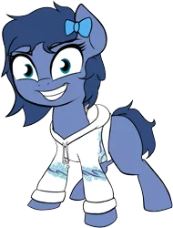 Size: 2147x2830 | Tagged: safe, artist:wenni, derpibooru import, oc, oc:whinny, pony, 2019 community collab, derpibooru community collaboration, bow, clothes, evil grin, female, grin, hair bow, hoodie, mare, simple background, smiling, solo, solo jazz, transparent background