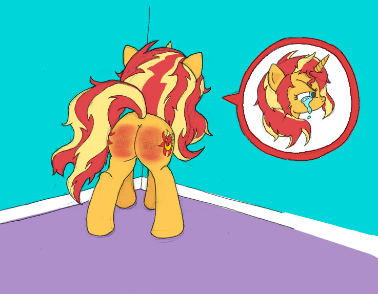 Size: 737x574 | Tagged: suggestive, artist:goblinboyjesus, color edit, derpibooru import, edit, sunset shimmer, pony, unicorn, abuse, bunset shimmer, butt, colored, corner, crying, cute, female, implied spanking, plot, pouting, rear view, shimmerbetes, shimmerbuse, solo, solo female, spanking, teary eyes, time out