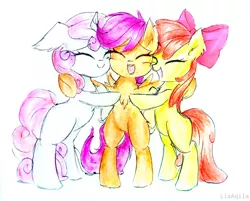 Size: 996x802 | Tagged: safe, artist:liaaqila, derpibooru import, apple bloom, scootaloo, sweetie belle, earth pony, pegasus, pony, unicorn, :d, adorabloom, bipedal, blank flank, c:, chest fluff, cute, cutealoo, cutie mark crusaders, cutie mark cuties, diasweetes, ear fluff, eyes closed, female, filly, floppy ears, happy, hnnng, hug, open mouth, scootalove, simple background, smiling, spread wings, traditional art, white background, wings