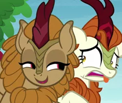 Size: 472x400 | Tagged: safe, derpibooru import, edit, edited screencap, editor:ah96, screencap, autumn blaze, fern flare, kirin, sounds of silence, cropped, dilated pupils, disgusted, do not want, empty eyes, female, frown, open mouth, raised hoof, smiling, smirk, smug, tongue out, wide eyes