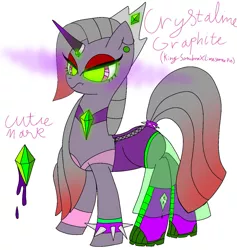 Size: 1175x1240 | Tagged: safe, artist:nightmarerara, derpibooru import, oc, oc:crystaline graphite, unofficial characters only, pony, unicorn, boots, bracelet, choker, clothes, corset, crown, crystal, ear piercing, earring, eyeshadow, female, glowing eyes, horn, horn ring, jewelry, makeup, mare, next generation, offspring, parent:king sombra, parent:limestone pie, piercing, regalia, ring, see-through, shoes, simple background, skirt, solo, sombra eyes, spiked wristband, white background, wristband