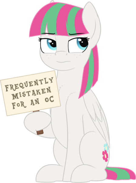 Size: 2646x3544 | Tagged: safe, artist:zippysqrl, derpibooru import, blossomforth, oc, oc:blossomforth, pegasus, pony, 2019 community collab, derpibooru community collaboration, annoyed, female, holding a sign, hoof hold, mare, mistaken identity, not an oc, sign, simple background, sitting, solo, text, transparent background