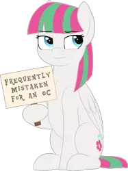 Size: 2646x3544 | Tagged: safe, artist:zippysqrl, derpibooru import, blossomforth, oc, oc:blossomforth, pegasus, pony, 2019 community collab, derpibooru community collaboration, annoyed, female, holding a sign, hoof hold, mare, mistaken identity, not an oc, sign, simple background, sitting, solo, text, transparent background