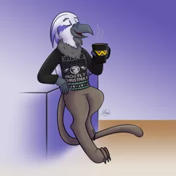 Size: 500x500 | Tagged: safe, artist:wiggles, derpibooru import, oc, oc:jamesy, alien, gryphon, xenomorph, alien (franchise), chocolate, christmas, christmas sweater, clothes, food, griffon oc, holiday, hot chocolate, male, mug, solo, sweater, weyland-yutani