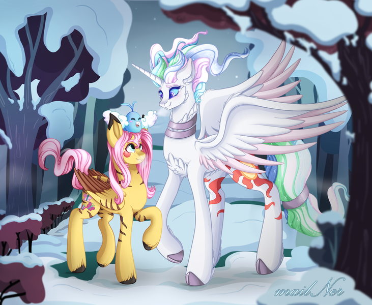 Size: 2744x2253 | Tagged: safe, artist:mailner, derpibooru import, fluttershy, princess celestia, pikachu, pony, reshiram, blushing, colored wings, couple, crossover, cute, forest, holiday, hooves, horn, pokémon, redesign, smiling, unshorn fetlocks, wings, winter