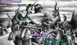 Size: 1174x681 | Tagged: artist:jamescorck, black and white, derpibooru import, grayscale, king kong, monochrome, movie, movie review, oc, oc:airpon, oc:movie slate, ponyville, rarity, safe, spike, spikezilla