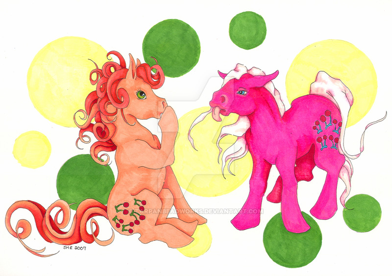 Size: 800x565 | Tagged: argentinian, argentinian cherries jubilee, artist:tarpanbeadworks, cherries jubilee, derpibooru import, deviantart watermark, duo, g1, nirvana pony, obtrusive watermark, safe, self ponidox, traditional art, watermark