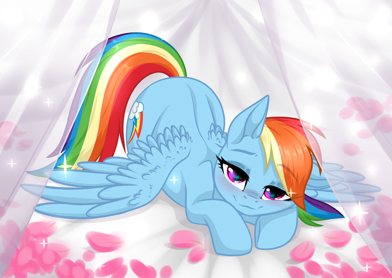 Size: 3465x2454 | Tagged: safe, artist:rioshi, artist:sparkling_light, artist:starshade, derpibooru import, rainbow dash, pegasus, pony, ass up, bed, bedroom eyes, blushing, commission, cute, cutie mark, dashabetes, female, flower petals, looking at you, mare, solo, wing fluff, wings, ych result