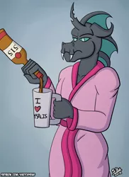 Size: 2400x3300 | Tagged: alcohol, alcoholism, anthro, artist:sketchybug, bacardi 151, bathrobe, changeling, changeling oc, clothes, derpibooru import, drinking, green changeling, oc, oc:chelicera, robe, solo, suggestive, unofficial characters only