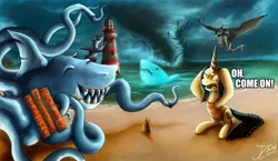 Size: 1174x681 | Tagged: safe, artist:jamescorck, derpibooru import, oc, oc:movie slate, unofficial characters only, pony, beach, clothes, ghost shark, lighthouse, movie, movie review, oh come on, pteraccuda, sharknado, sharktopus, sharktopus 2, sharktopus 3, swimsuit, whalewolf