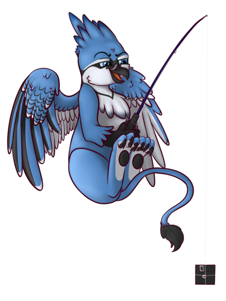 Size: 1500x2000 | Tagged: safe, artist:xchan, derpibooru import, oc, oc:lafiri, unofficial characters only, gryphon, bluejay griffon, fishing, fishing rod, floppy disk, flying, griffon oc, open mouth, paws, simple background, solo, transparent background, underpaw