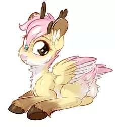 Size: 1768x1949 | Tagged: antlers, artist:meowcephei, butt fluff, cheek fluff, chest fluff, colored wings, colored wingtips, cute, deer, deer pony, derpibooru import, ear fluff, fluffy, heterochromia, horns, hybrid, implied bestiality, interspecies offspring, looking at you, looking back, looking back at you, neck fluff, oc, ocbetes, offspring, original species, pale belly, parent:fluttershy, prone, safe, simple background, smiling, solo, spread wings, :t, underhoof, unofficial characters only, unshorn fetlocks, white background, wing fluff, wings