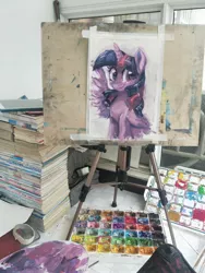 Size: 1536x2048 | Tagged: safe, artist:colorfulcolor233, derpibooru import, twilight sparkle, twilight sparkle (alicorn), alicorn, pony, canvas, chinese text, female, mare, paint, painting, photo, solo, traditional art