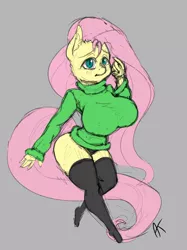 Size: 674x902 | Tagged: suggestive, artist:appelknekten, derpibooru import, fluttershy, anthro, bat pony, big breasts, black underwear, breasts, busty fluttershy, clothes, female, flutterbat, huge breasts, panties, race swap, sketch, socks, solo, solo female, stockings, sweater, thigh highs, underwear