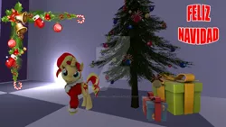 Size: 1024x576 | Tagged: safe, artist:juanjobelic, derpibooru import, sunset shimmer, pony, unicorn, 3d, candy, candy cane, christmas, christmas tree, food, holiday, holly, merry christmas, obtrusive watermark, present, solo, spanish, tree, watermark