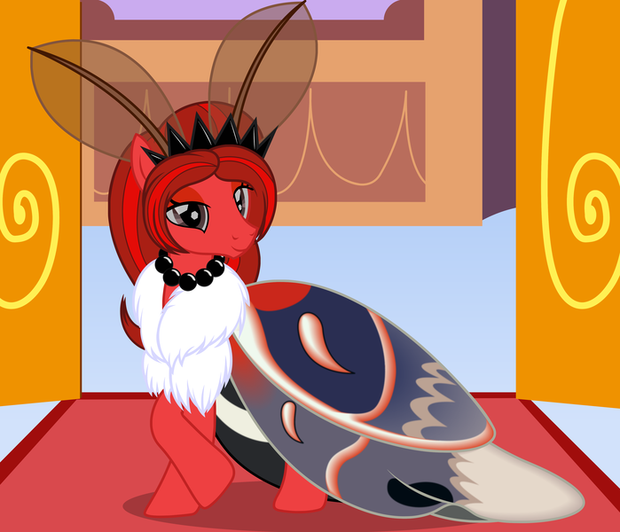 Size: 4268x3665 | Tagged: safe, artist:badumsquish, derpibooru import, oc, oc:lunar glow, unofficial characters only, moth, mothpony, original species, series:equestria and the world, cecropia moth, chest fluff, crown, curtsey, doorway, eyeshadow, female, fluffy, jewelry, lidded eyes, long mane, looking at you, makeup, monster mare, necklace, palace, queen, regalia, shoulder fluff, show accurate, smiling, solo, wings