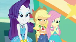 Size: 1920x1080 | Tagged: safe, derpibooru import, applejack, fluttershy, rarity, equestria girls, equestria girls series, rollercoaster of friendship, annoyed, applejack is not amused, female, geode of shielding, geode of super strength, grin, magical geodes, shipping fuel, smiling, unamused