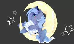 Size: 1023x614 | Tagged: safe, artist:yioyio, derpibooru import, princess luna, alicorn, pony, crescent moon, crown, cute, deviantart watermark, ethereal mane, female, filly, jewelry, lunabetes, moon, obtrusive watermark, pillow, profile, regalia, solo, starry mane, stars, tangible heavenly object, transparent moon, watermark, woona, younger