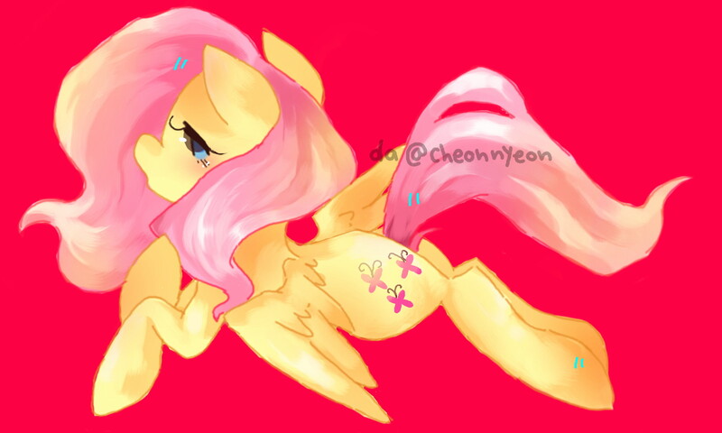 Size: 1600x960 | Tagged: safe, artist:yioyio, derpibooru import, fluttershy, pegasus, pony, cute, no pupils, profile, prone, red background, shyabetes, simple background, solo, spread wings, wings