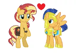 Size: 272x192 | Tagged: safe, derpibooru import, edit, flash sentry, sunset shimmer, pegasus, pony, unicorn, bag, female, flashimmer, hoof shoes, male, rearing, saddle bag, shipping, simple background, straight, white background