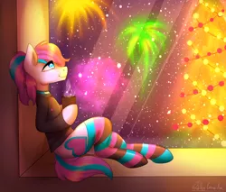 Size: 2000x1700 | Tagged: artist:cornelia_nelson, clothes, cup, derpibooru import, fireworks, hoodie, oc, oc:panda shade, safe, socks, solo, striped socks, unofficial characters only