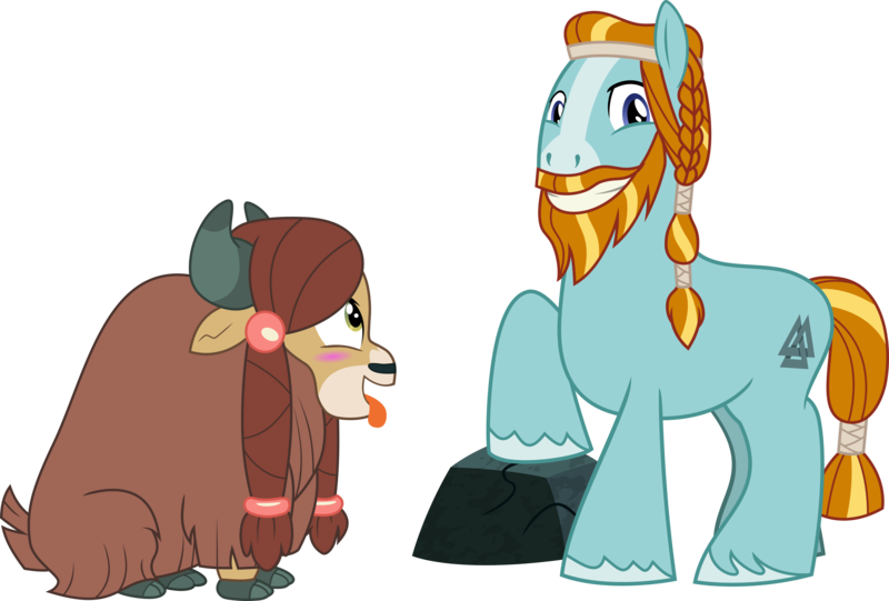 Size: 5096x3445 | Tagged: safe, artist:cheezedoodle96, artist:frownfactory, derpibooru import, edit, editor:anonymous, vector edit, rockhoof, yona, earth pony, pony, yak, campfire tales, school daze, accessory-less edit, beard, behaving like a dog, blushing, braid, braided ponytail, cloven hooves, facial hair, female, looking at you, male, missing accessory, moustache, nude edit, nudity, rock, shipping, simple background, smiling, stallion, straight, tongue out, transparent background, valknut, vector, we don't normally wear clothes, yonahoof