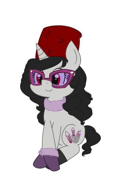 Size: 721x1149 | Tagged: safe, artist:obeliskgirljohanny, derpibooru import, oc, oc:seraphim cyanne, unofficial characters only, pony, unicorn, 2019 community collab, derpibooru community collaboration, boots, clothes, faux fur, female, fur hat, glasses, gloves, hat, looking at you, mare, scarf, shoes, simple background, sitting, smiling, solo, transparent background