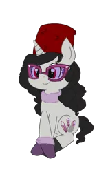 Size: 721x1149 | Tagged: safe, artist:obeliskgirljohanny, derpibooru import, oc, oc:seraphim cyanne, unofficial characters only, pony, unicorn, 2019 community collab, derpibooru community collaboration, boots, clothes, faux fur, female, fur hat, glasses, gloves, hat, looking at you, mare, scarf, shoes, simple background, sitting, smiling, solo, transparent background