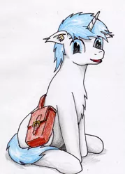 Size: 1482x2065 | Tagged: safe, artist:40kponyguy, derpibooru import, oc, oc:geljado, unofficial characters only, pony, unicorn, bag, chest fluff, ear fluff, looking at you, male, simple background, solo, stallion, traditional art