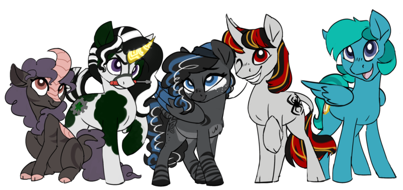 Size: 2650x1250 | Tagged: safe, artist:veesocks, derpibooru import, oc, oc:compass rose, oc:dabbledo, oc:dazzling flash, oc:spider solitare, oc:zipperfloat, changeling, earth pony, hybrid, kirin, pegasus, pony, unicorn, zebra, zebrasus, 2019 community collab, derpibooru community collaboration, changeling oc, cloven hooves, cute, disguise, disguised changeling, fake horn, kirin oc, simple background, smiling, transparent background