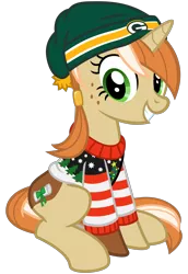 Size: 2200x3200 | Tagged: safe, artist:cheezedoodle96, derpibooru import, oc, oc:paige turner, unofficial characters only, pony, unicorn, 2019 community collab, derpibooru community collaboration, .svg available, christmas, clothes, female, freckles, green bay packers, hair over one eye, hat, holiday, looking at you, mare, simple background, sitting, smiling, solo, svg, sweater, transparent background, ugly christmas sweater, vector
