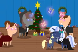 Size: 6000x4000 | Tagged: safe, artist:steampunk-brony, derpibooru import, oc, oc:ellison, oc:pink rose, oc:silverlay, oc:steamy, oc:think pink, unofficial characters only, pony, unicorn, absurd resolution, christmas, christmas tree, cute, female, holiday, hug, magic, magical lesbian spawn, male, mare, mother and child, mother and daughter, offspring, parent:applejack, parent:oc:silverlay, parents:canon x oc, parents:silverjack, pointy ponies, rule 63, stallion, teddy bear, tree