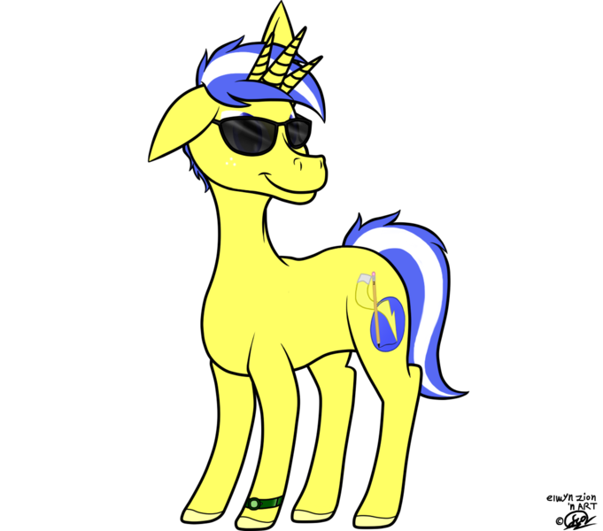 Size: 1200x1058 | Tagged: safe, artist:fcomega121, derpibooru import, oc, oc:elwyn zion, unofficial characters only, pony, 2019 community collab, derpibooru community collaboration, blue mane, cutie mark, freckles, glasses, horn, male, multiple horns, original style, simple background, solo, stallion, teenager, transparent background, tricorn, watch, wristwatch, yellow coat
