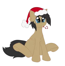 Size: 1033x1036 | Tagged: safe, artist:deusexkittycoon, derpibooru import, oc, oc:cogs fixmore, unofficial characters only, earth pony, pony, 2019 community collab, derpibooru community collaboration, candy, candy cane, christmas, food, hat, holiday, santa hat, simple background, solo, transparent background