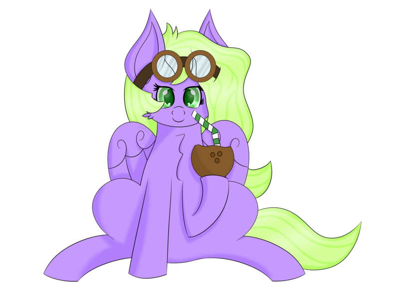 Size: 1280x906 | Tagged: safe, artist:syncedsart, derpibooru import, oc, oc:lydria, pegasus, pony, 2019 community collab, derpibooru community collaboration, bendy straw, chest fluff, clip studio paint, coconut, cute, digital art, drinking, drinking straw, female, food, fullbody, goggles, mare, simple background, sitting, solo, straw, transparent background