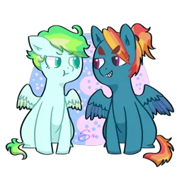 Size: 1500x1500 | Tagged: safe, artist:johnathan-leviathan, derpibooru import, oc, oc:morning glory, oc:ultra sonic, unofficial characters only, pegasus, pony, colored pupils, duo, female, fraternal twins, male, offspring, parent:rainbow dash, parent:zephyr breeze, parents:zephdash, ponytail, signature, sitting, twins