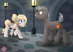 Size: 4950x3510 | Tagged: safe, artist:raspberrystudios, derpibooru import, oc, unofficial characters only, earth pony, pony, unicorn, big smile, blushing, cobblestone street, commission, couple, female, lantern, male, patreon, patreon reward, underground, unshorn fetlocks