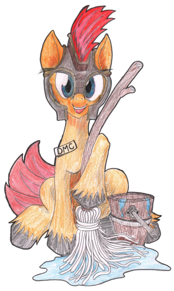 Size: 1547x2585 | Tagged: 2019 community collab, artist:ciaran, badge, bucket, derpibooru community collaboration, derpibooru import, helmet, looking at you, mop, oc, oc:ciaran, pencil drawing, safe, simple background, smiling, solo, traditional art, transparent background, unofficial characters only, unshorn fetlocks, water