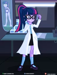 Size: 3090x4000 | Tagged: suggestive, artist:dieart77, derpibooru import, sci-twi, twilight sparkle, equestria girls, barefoot, blushing, breasts, cleavage, clothes, commission, feet, female, glasses, lab coat, legs, mad scientist, mary janes, micro, patreon, patreon logo, ponytail, self paradox, shoes, shrunk, skirt, socks, solo focus, test tube, thinking