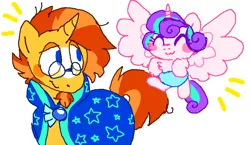Size: 809x470 | Tagged: safe, artist:raystar-draws, derpibooru import, princess flurry heart, sunburst, alicorn, pony, unicorn, :3, baby, baby pony, clothes, cute, duo, duo male and female, eyes closed, facial hair, female, filly, flurrybetes, glasses, goatee, kidcore, looking back, male, robe, simple background, stallion, sunbetes, sunburst's robe, white background