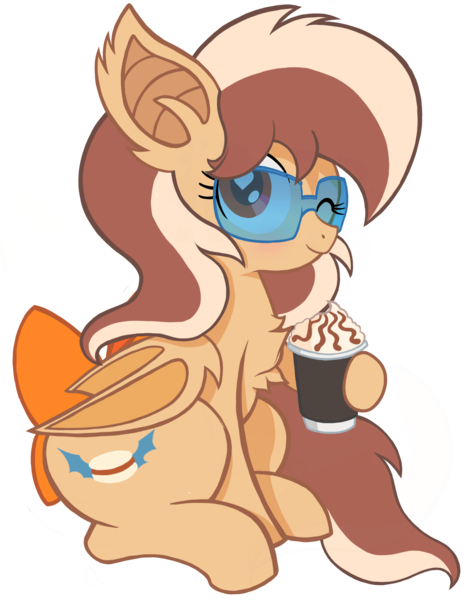 Size: 1859x2373 | Tagged: safe, artist:branewashpv, derpibooru import, oc, oc:delicatezza, bat pony, pony, 2019 community collab, derpibooru community collaboration, bat pony oc, bat wings, blushing, bow, chest fluff, cute, female, hoof hold, iced coffee, ocbetes, one eye closed, simple background, solo, sunglasses, tail bow, transparent background, wings, wink