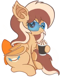 Size: 1859x2373 | Tagged: safe, artist:branewashpv, derpibooru import, oc, oc:delicatezza, bat pony, pony, 2019 community collab, derpibooru community collaboration, bat pony oc, bat wings, blushing, bow, chest fluff, cute, female, hoof hold, iced coffee, ocbetes, one eye closed, simple background, solo, sunglasses, tail bow, transparent background, wings, wink