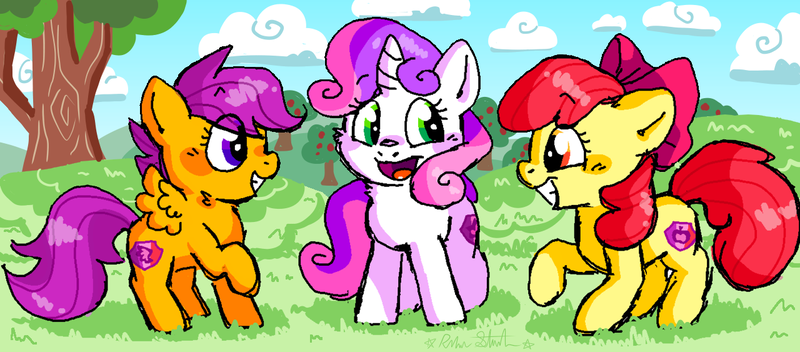 Size: 1280x563 | Tagged: safe, artist:raystar-draws, derpibooru import, apple bloom, scootaloo, sweetie belle, adorabloom, apple, apple tree, cute, cutealoo, cutie mark crusaders, diasweetes, eye clipping through hair, female, filly, kidcore, neck fluff, open mouth, scene interpretation, smiling, tree, trio