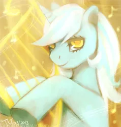 Size: 591x620 | Tagged: safe, artist:alaskayu, derpibooru import, lyra heartstrings, pony, unicorn, colored pupils, lyre, music notes, musical instrument, signature, solo