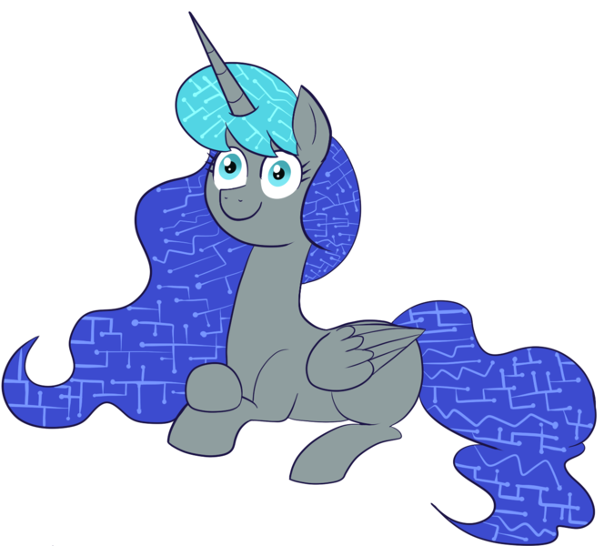 Size: 1325x1197 | Tagged: safe, artist:feralroku, derpibooru import, oc, oc:techno universal, unofficial characters only, alicorn, pony, 2019 community collab, derpibooru community collaboration, alicorn oc, ethereal mane, horn, prone, simple background, solo, transparent background, wings