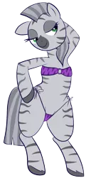 Size: 731x1515 | Tagged: 2019 community collab, artist:feralroku, bikini, clothes, colored hooves, derpibooru community collaboration, derpibooru import, hoof on hip, oc, oc:xixa, pose, safe, semi-anthro, simple background, smiling, solo, swimsuit, transparent background, unofficial characters only, zebra