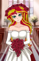 Size: 537x850 | Tagged: safe, artist:anonix123, derpibooru import, sunset shimmer, human, equestria girls, bare shoulders, beautiful, bouquet, breasts, bride, chapel, cleavage, clothes, cute, dress, female, floral head wreath, flower, humanized, shimmerbetes, smiling, solo, wedding dress